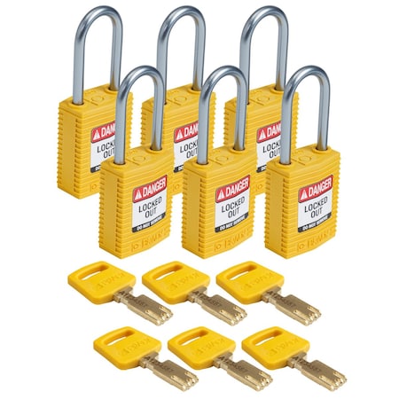 Brady Padlock, Keyed Different, Nylon, Yellow, 6 PK CPT-YLW-38AL-KD6PK